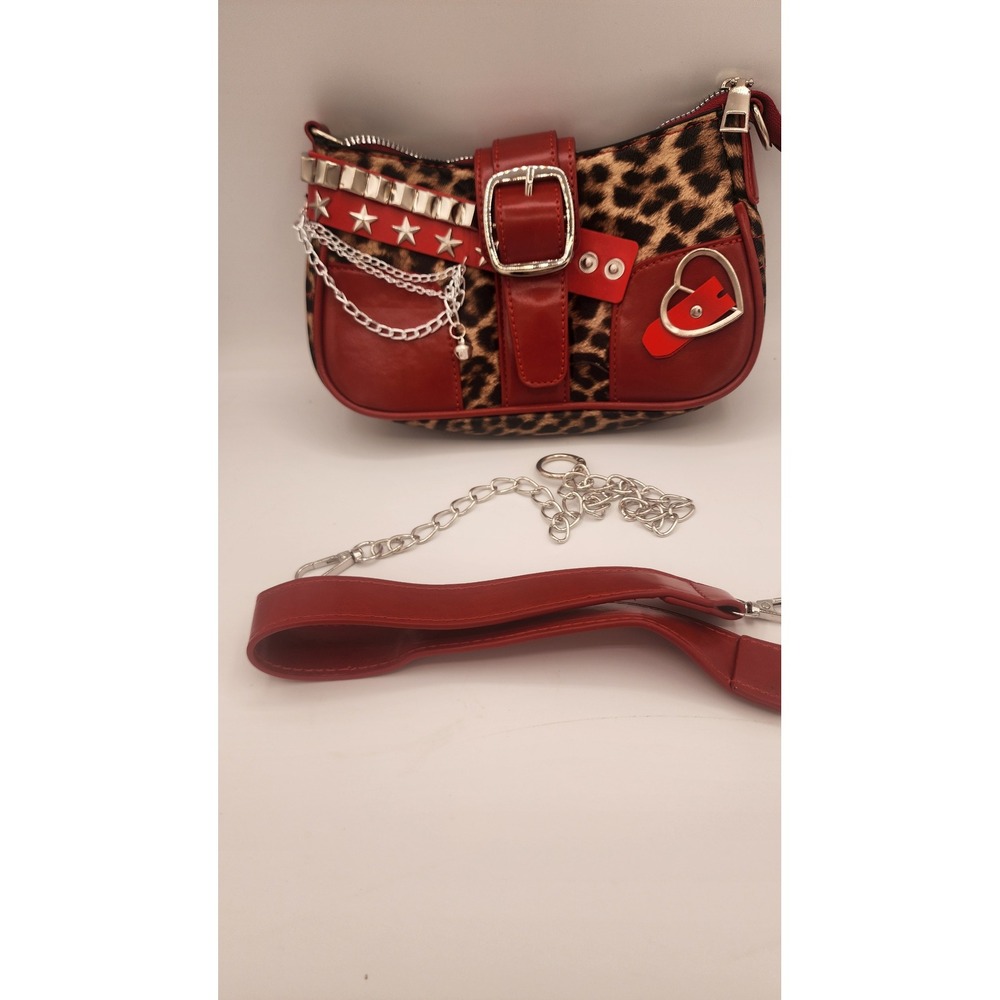 Leopard Print Red Baguette Shoulder Bag Studded Star Heart Punk Y2K Handbag - Picture 5 of 6